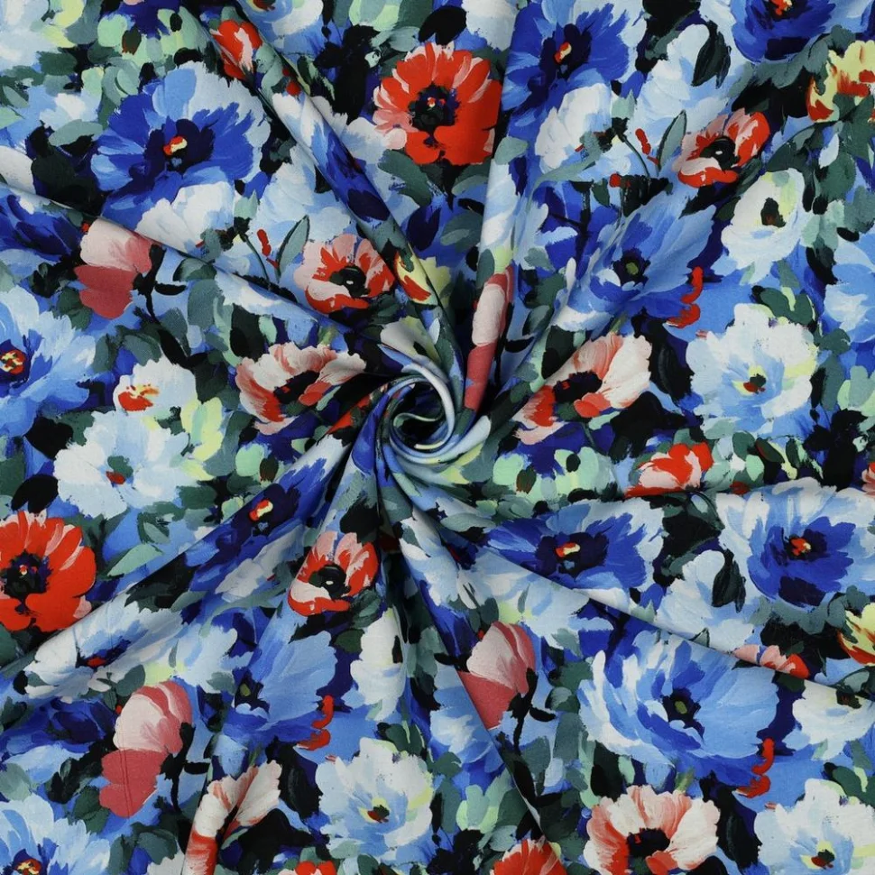 Tissu Viscose imprimé digital Alba fleurs Bleu sur fond Noir