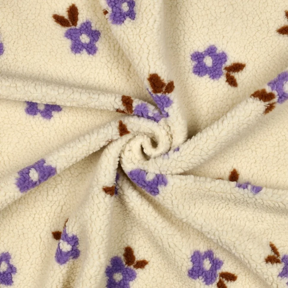 Tissu Bouclette imprimé Fleuris sur fond Ecru