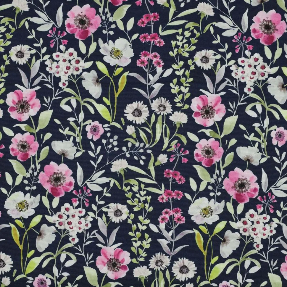 Tissu Softshell Digital Poppy Fleuris rose et vert sur fond Noir