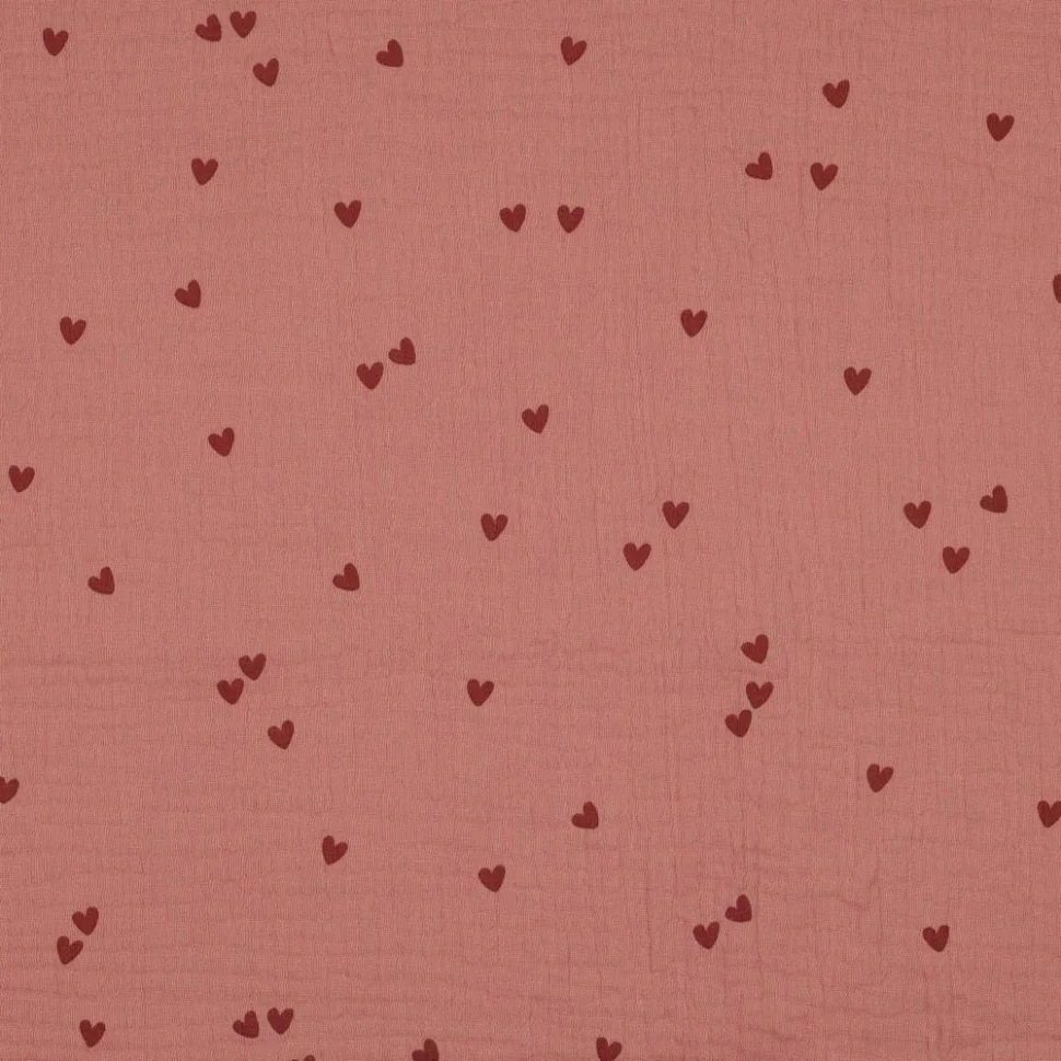 Tissu Double gaze Petits coeurs foncés sur fond Vieux rose