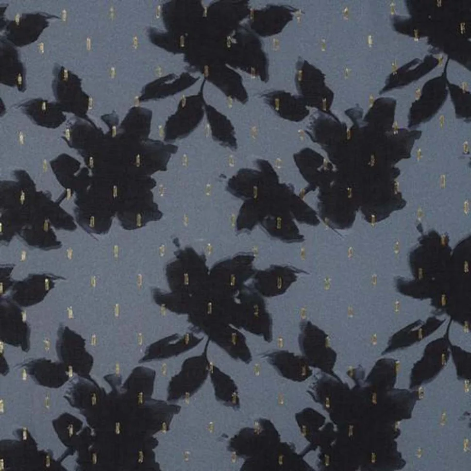 Tissu Viscose Feuilles et pointillés lurex sur fond Bleu ancien