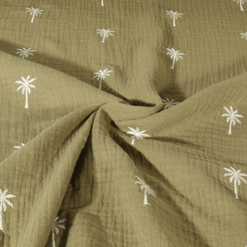Tissu Double gaze de Coton Poppy Palmiers brodés sur fond Vert kaki