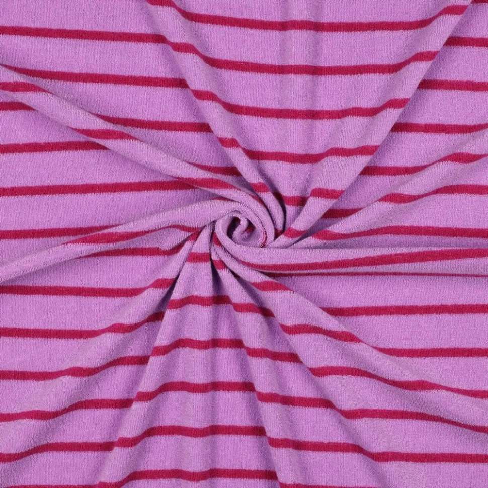 Tissu Jersey Eponge Rayures Framboise sur fond Lilas