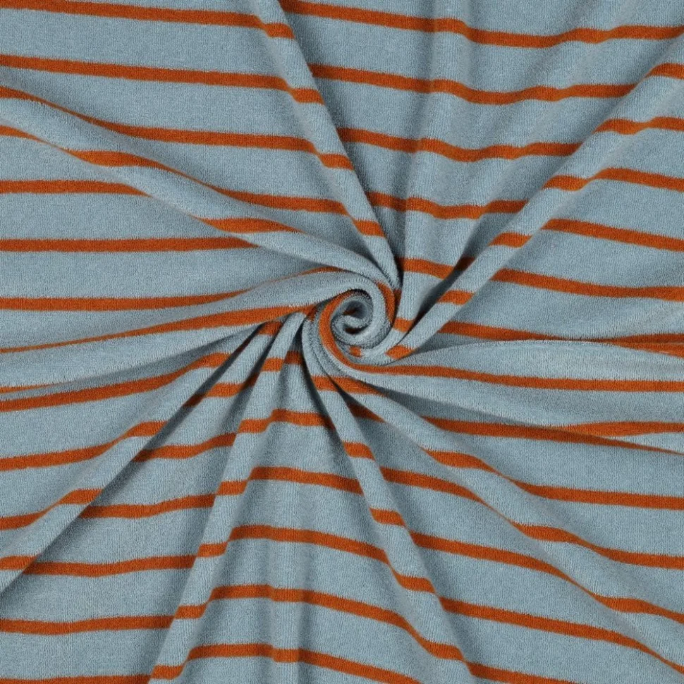 Tissu Jersey Eponge Rayures Rouille sur fond Bleu gris