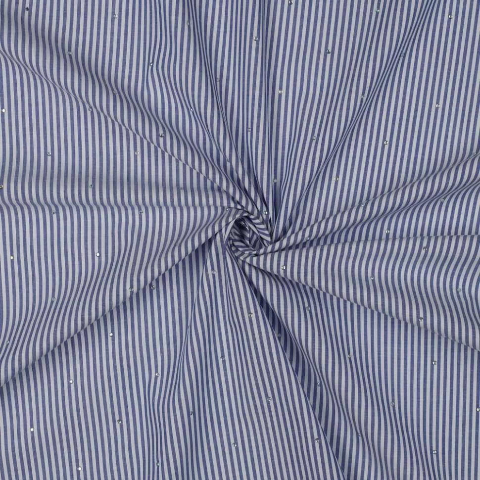 Tissu Coton fil teint rayé Bleu et strass sur fond Blanc cassé