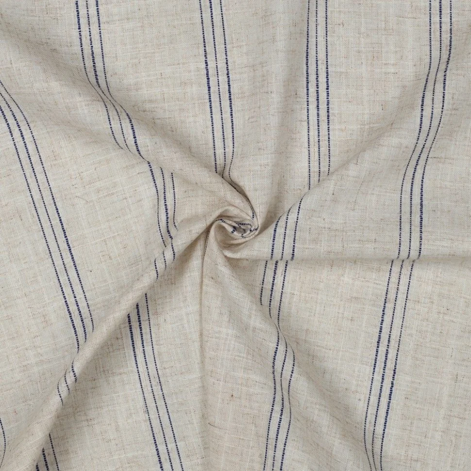 Tissu Lin Viscose rayures Bleu marine sur fond Ecru