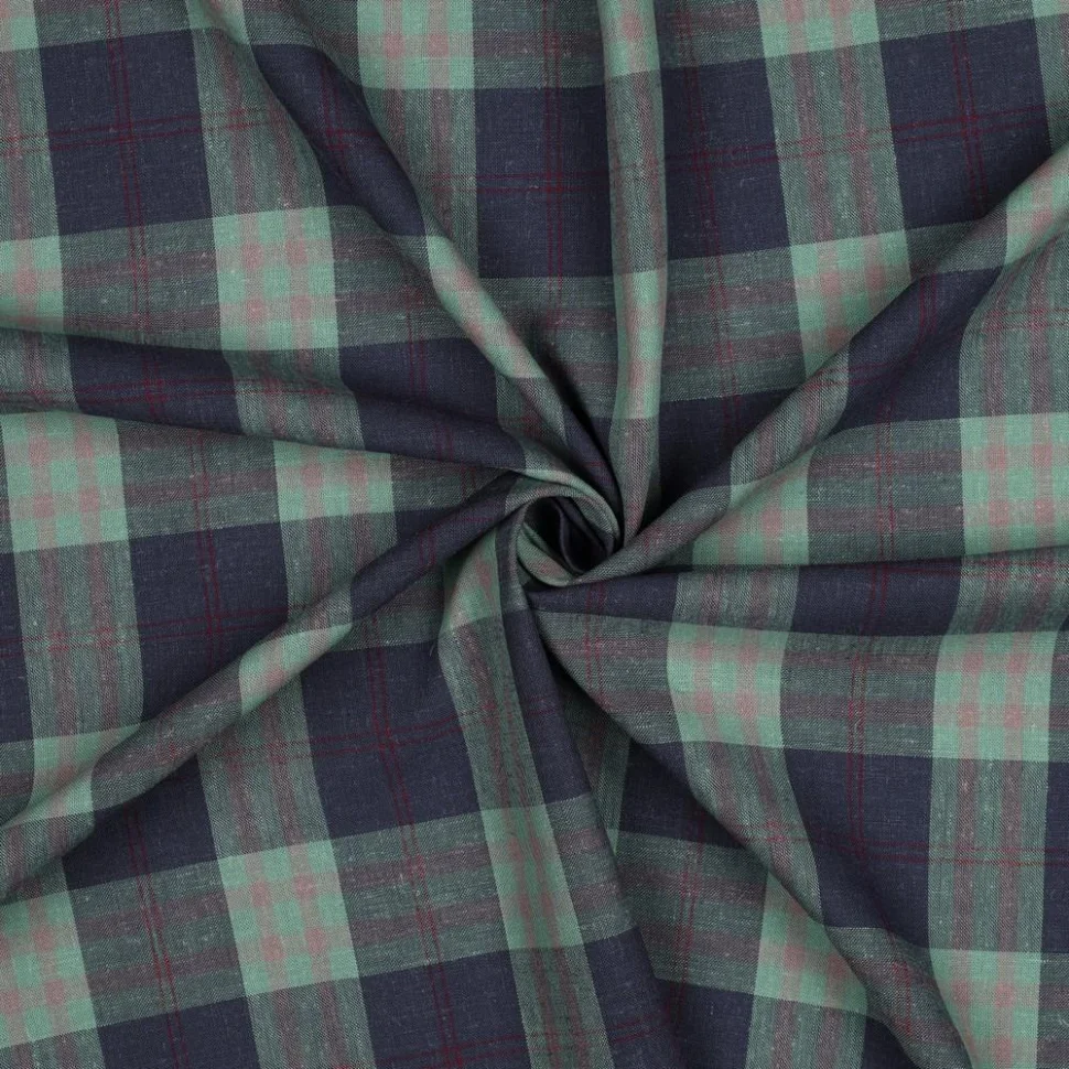 Tissu Lin Viscose carreaux Bleu et quadrillage Rouge sur fond Vert clair