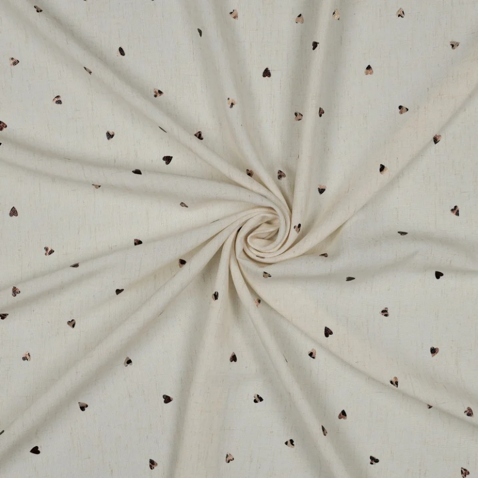 Tissu Lin Viscose petits Coeurs Brun brillants sur fond Ecru