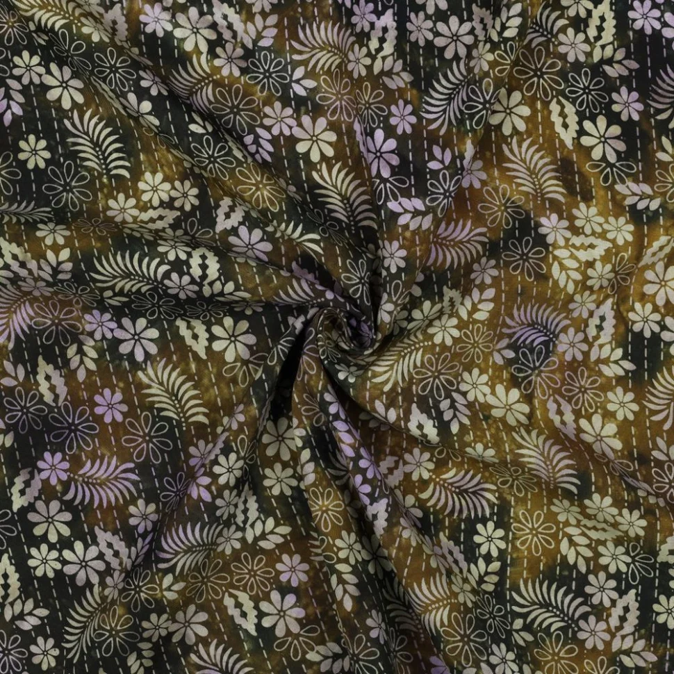 Tissu Batik de Viscose fleurs et feuilles sur fond Brun