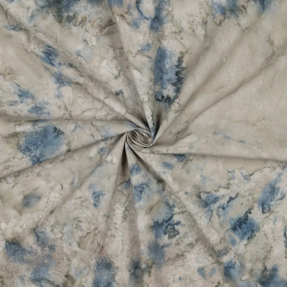Tissu Batik de Coton marbré Bleu ardoise et Gris minéral sur fond Beige