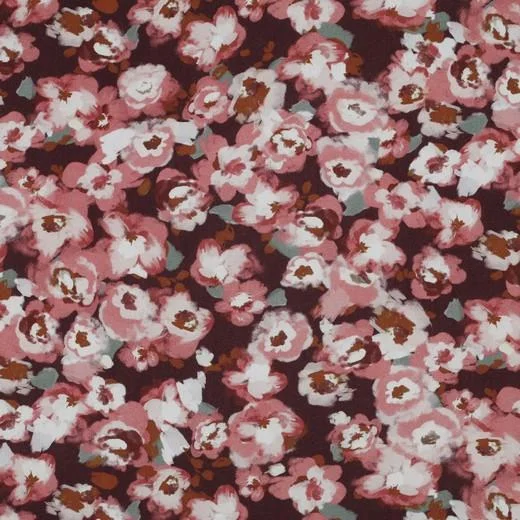 Tissu Viscose extensible Fleuris Mia rose sur fond Bordeaux