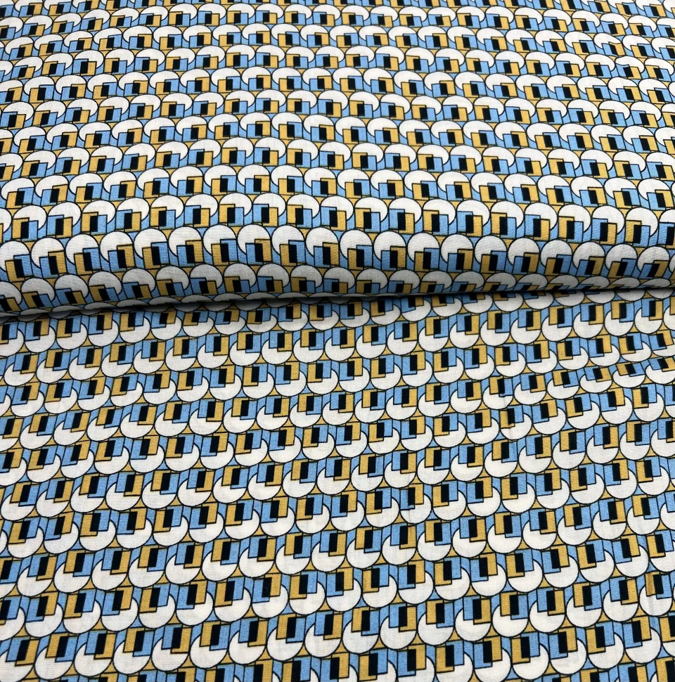 Tissu Viscose Formes Géo sur fond Bleu ciel