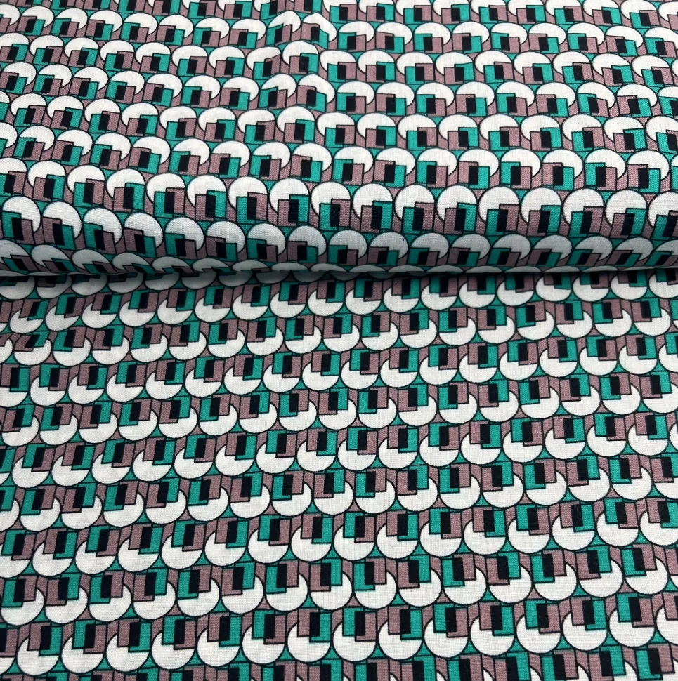 Tissu Viscose Formes Géo sur fond Vert émeraude