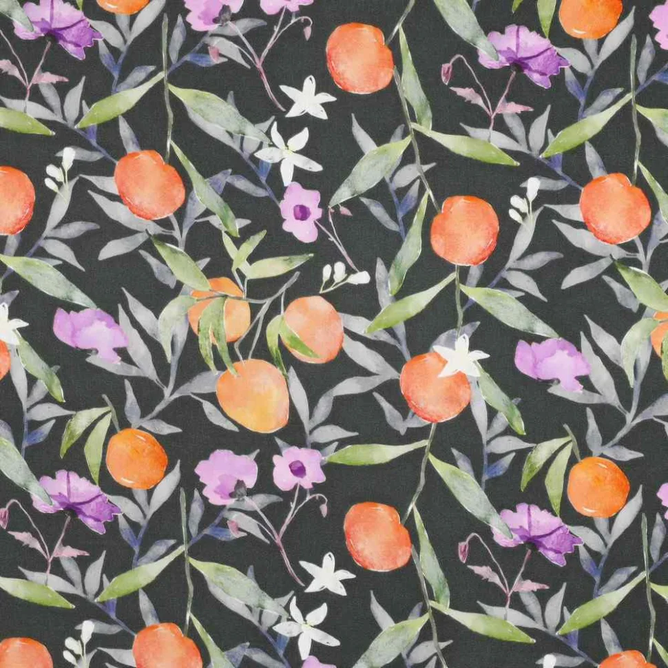 Tissu Viscose  Citrina agrumes Oranges sur fond Noir