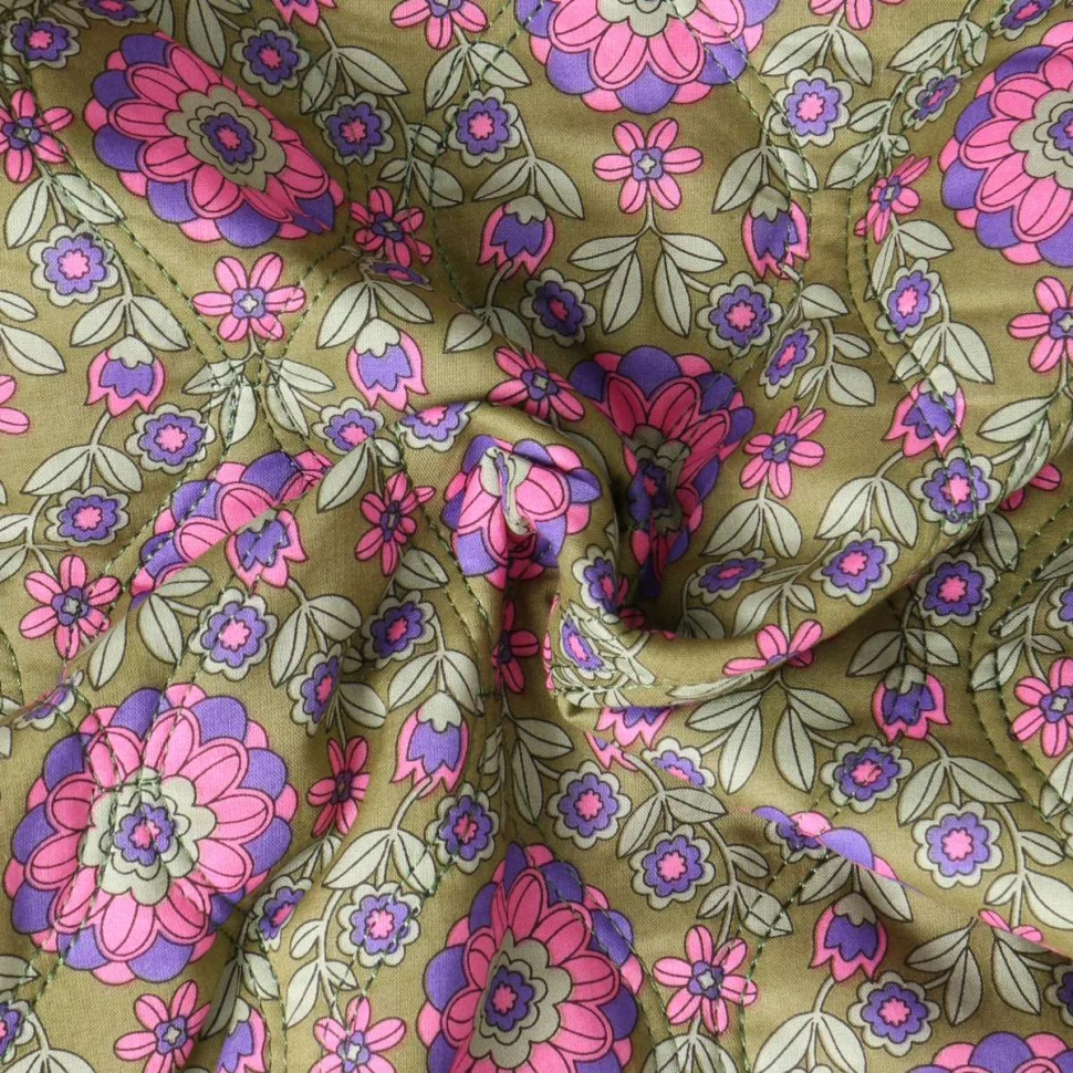 Tissu Matelassé réversible Lila fleurs Roses sur fond Vert olive