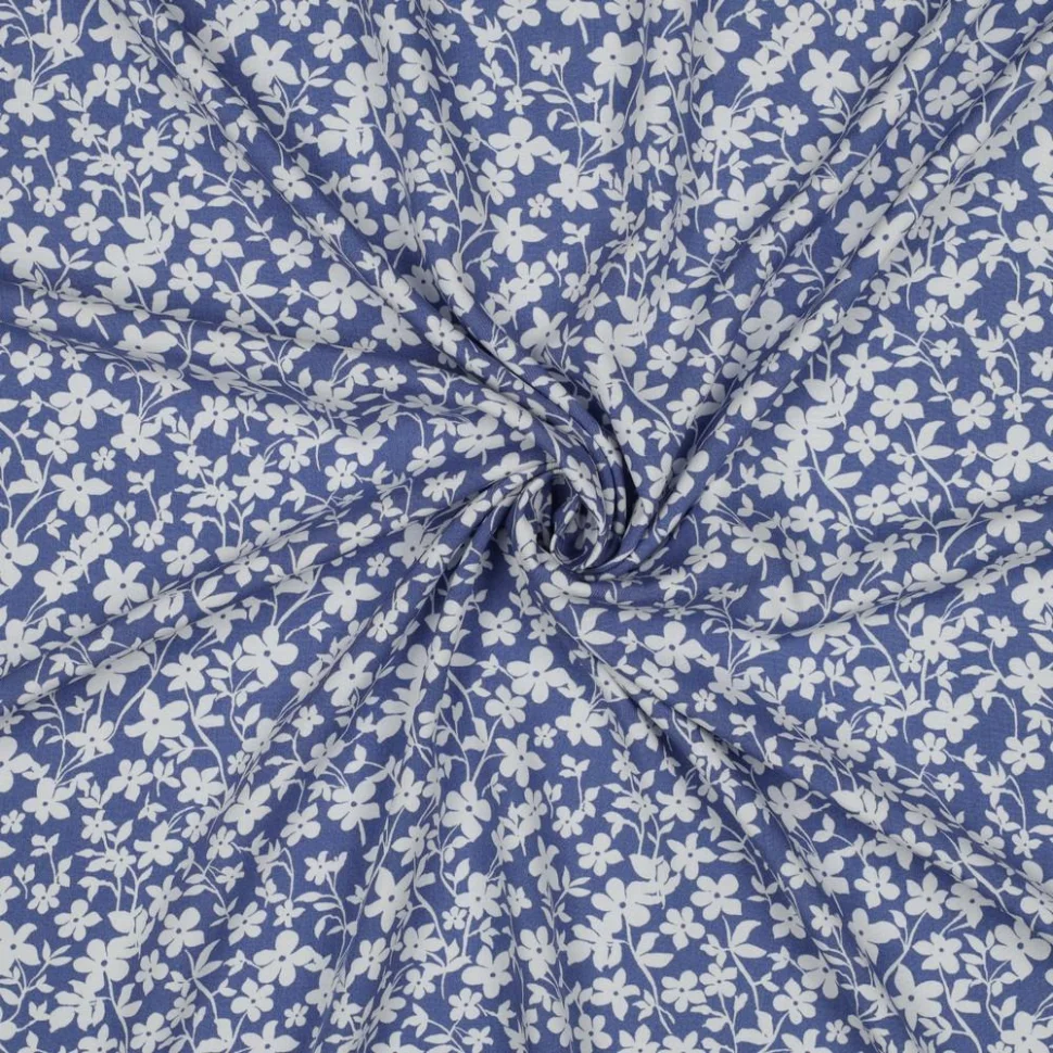 Tissu Viscose imprimé Petites Fleurs Blanche sur fond Bleu gris