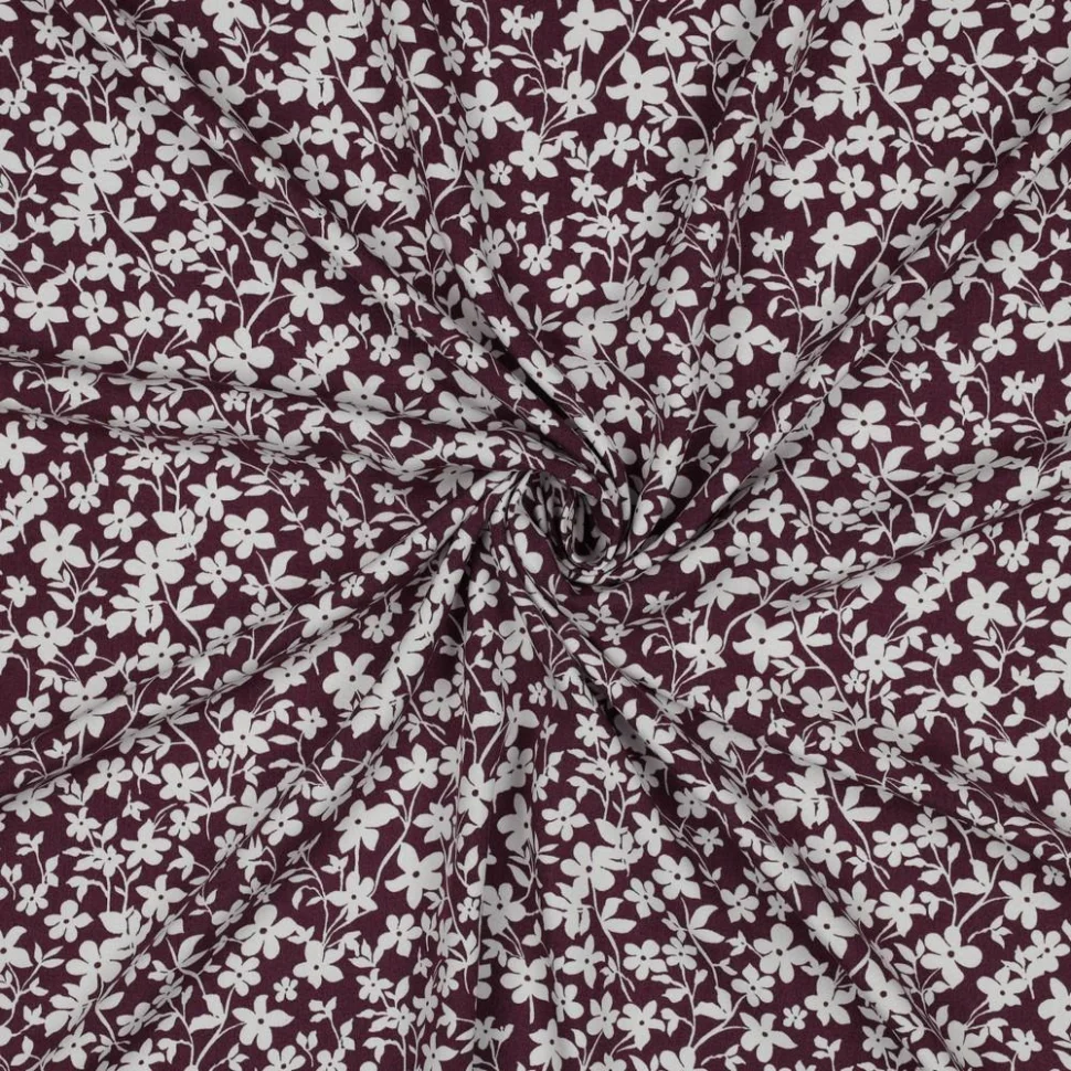 Tissu Viscose imprimé Petites Fleurs Blanche sur fond Bordeaux foncé