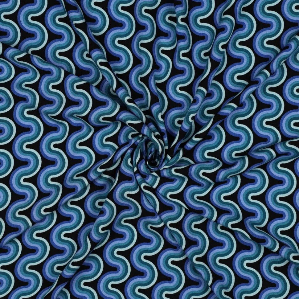 Tissu Viscose imprimé vaguelettes rétro tons Bleu sur fond Noir