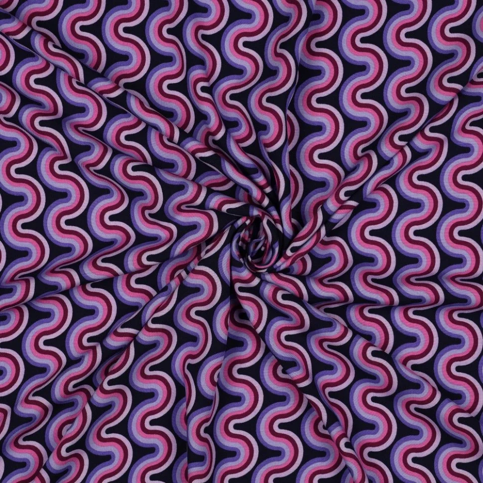 Tissu Viscose imprimé vaguelettes rétro tons Violet sur fond Noir
