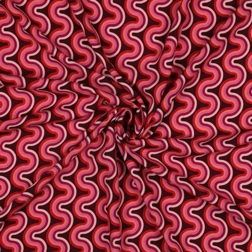 Tissu Viscose imprimé vaguelettes rétro tons Rouge sur fond Noir