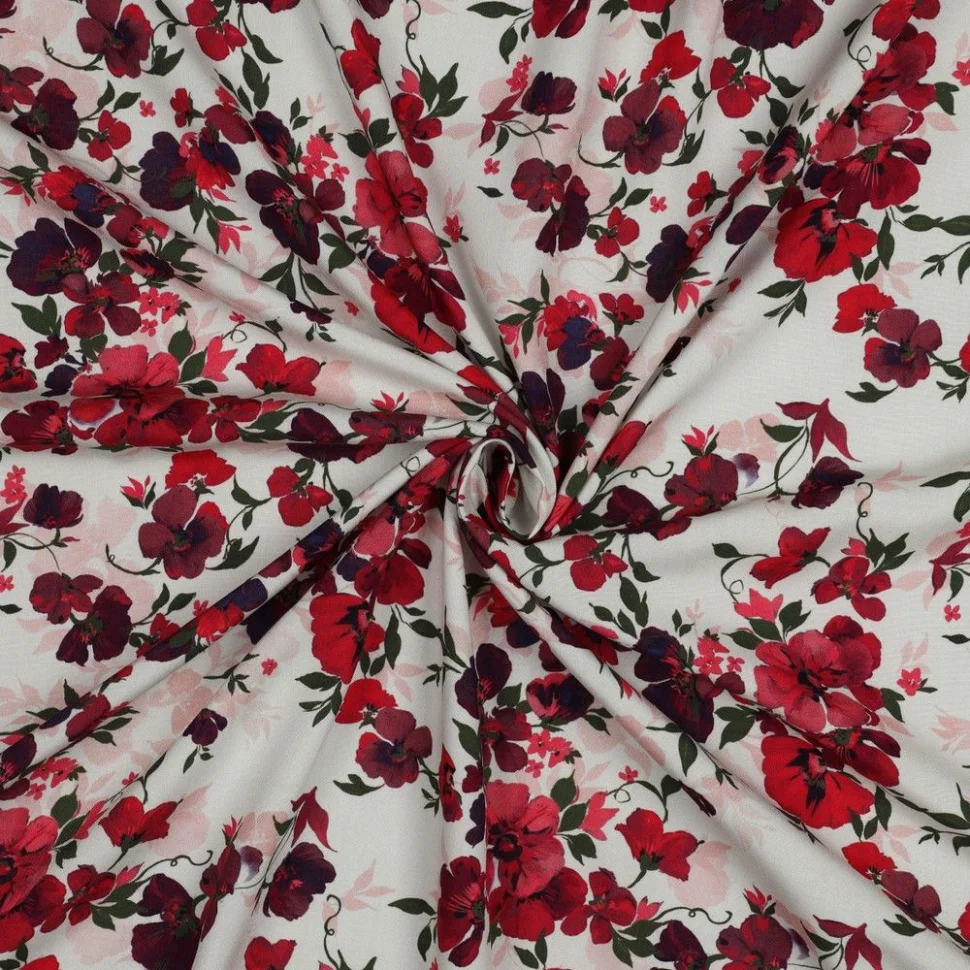 Tissu Viscose EcoVero digital fleurs Rouge sur fond Ecru