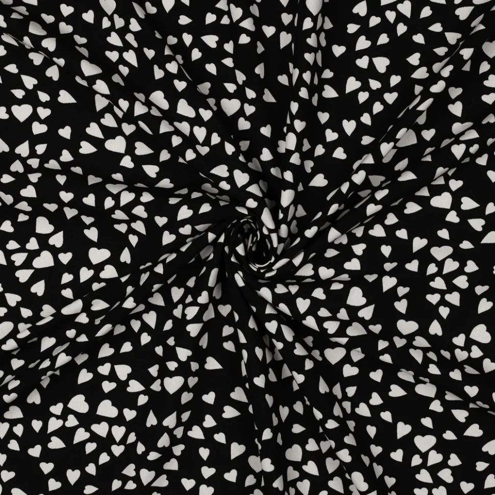 Tissu Viscose EcoVero petits coeurs Blanc sur fond Noir
