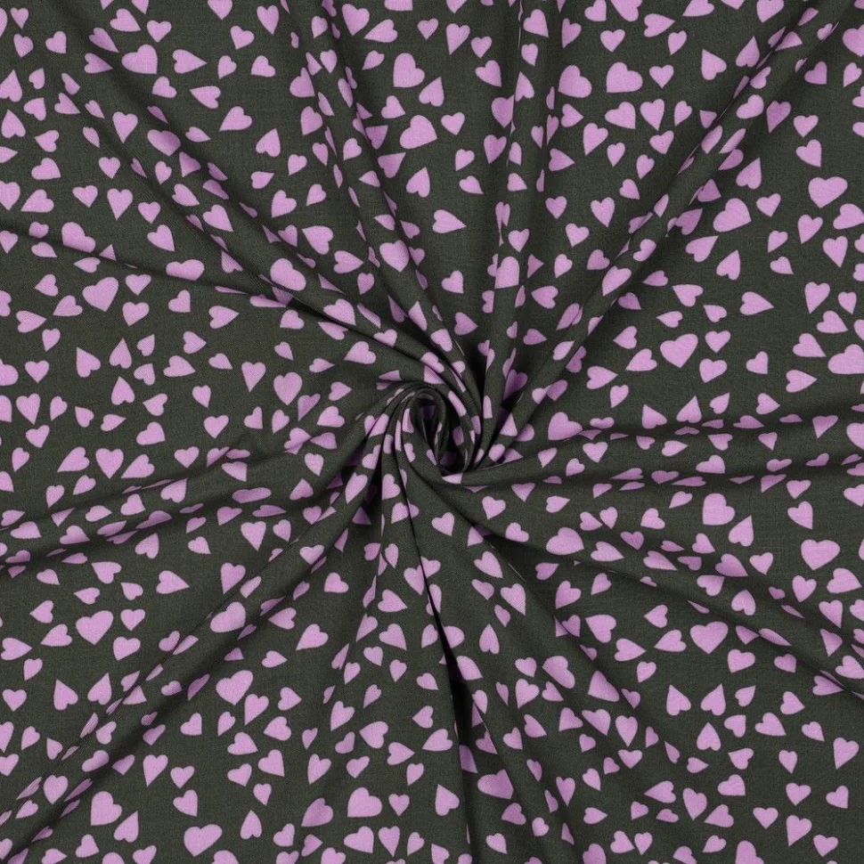 Tissu Viscose EcoVero petits coeurs Lila sur fond Noir