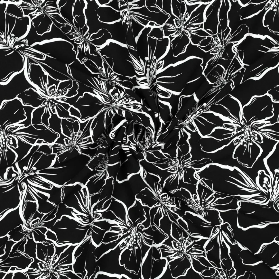Tissu Viscose EcoVero grandes fleurs Blanche sur fond Noir