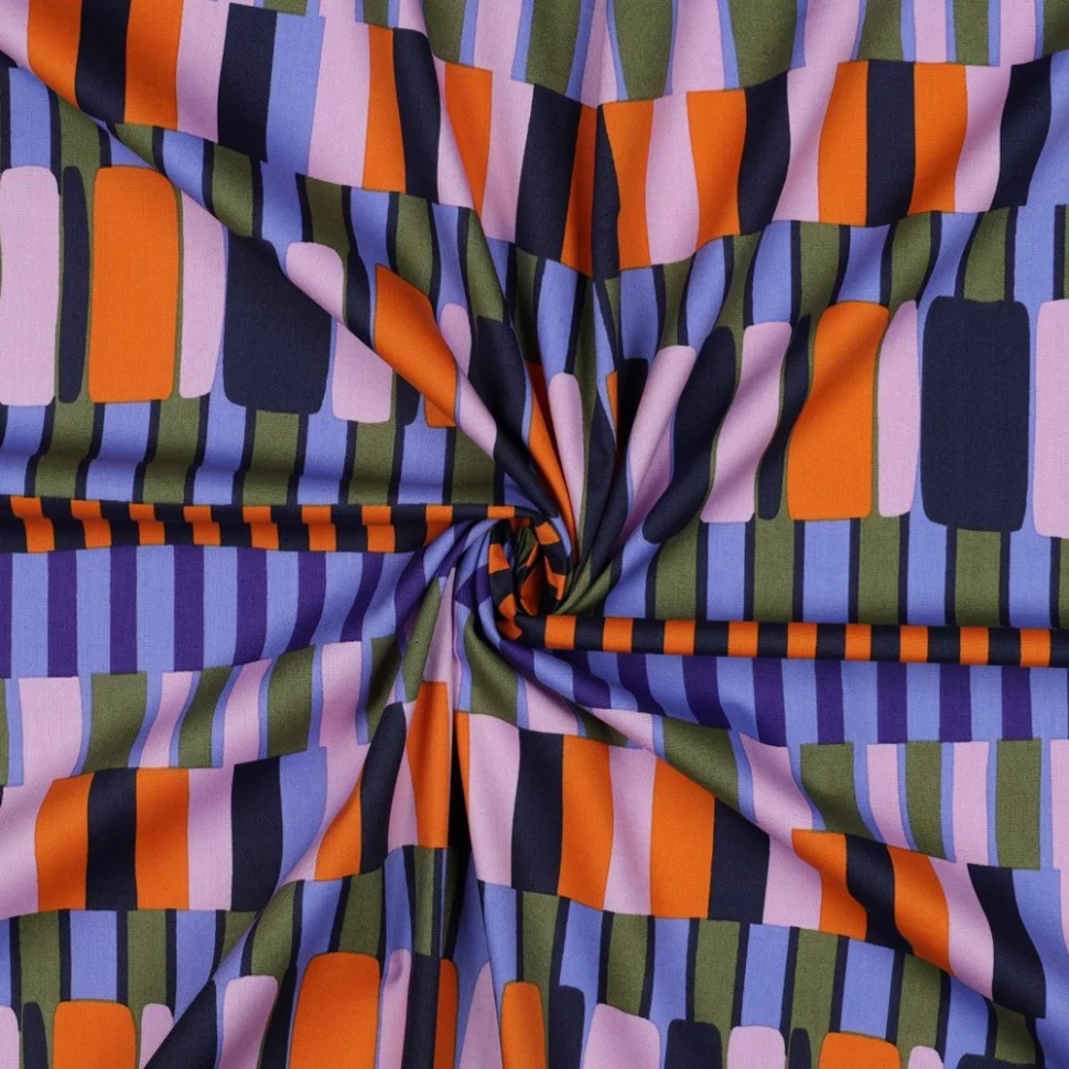 Tissu Coton Viscose rayures Orange, Noir et Vert sur fond Bleu ciel