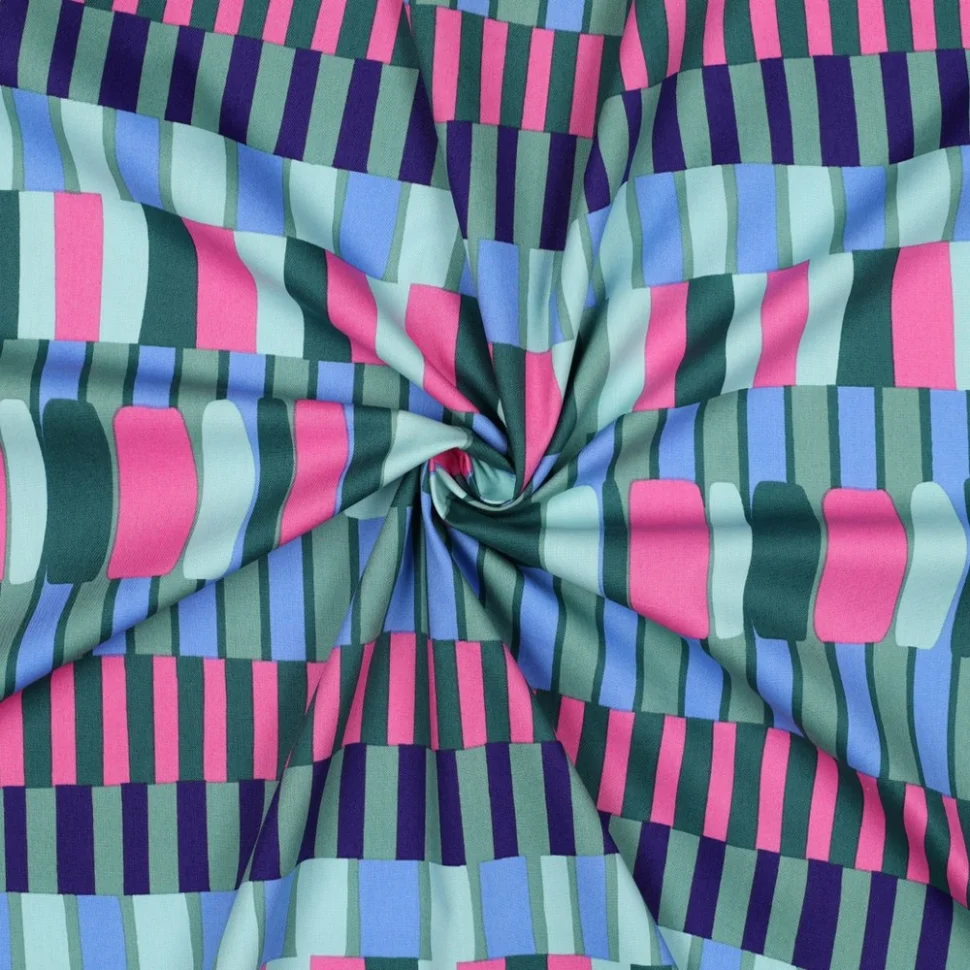 Tissu Coton Viscose rayures Rose, Bleu et Vert forêt sur fond Vert jade