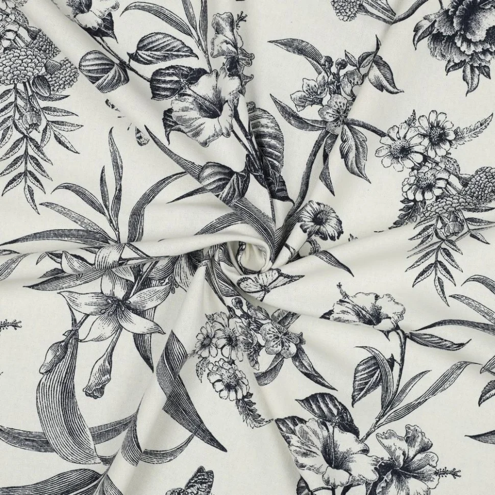 Tissu Viscose Lin grand Herbier Bleu marine sur fond Ecru
