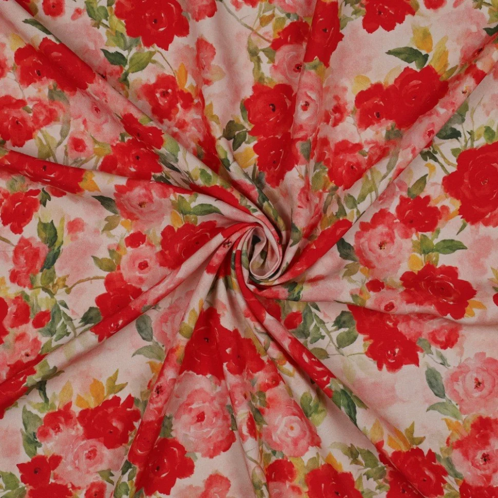 Tissu Viscose imprimé digital bouquets Rose sur fond Blanc cassé