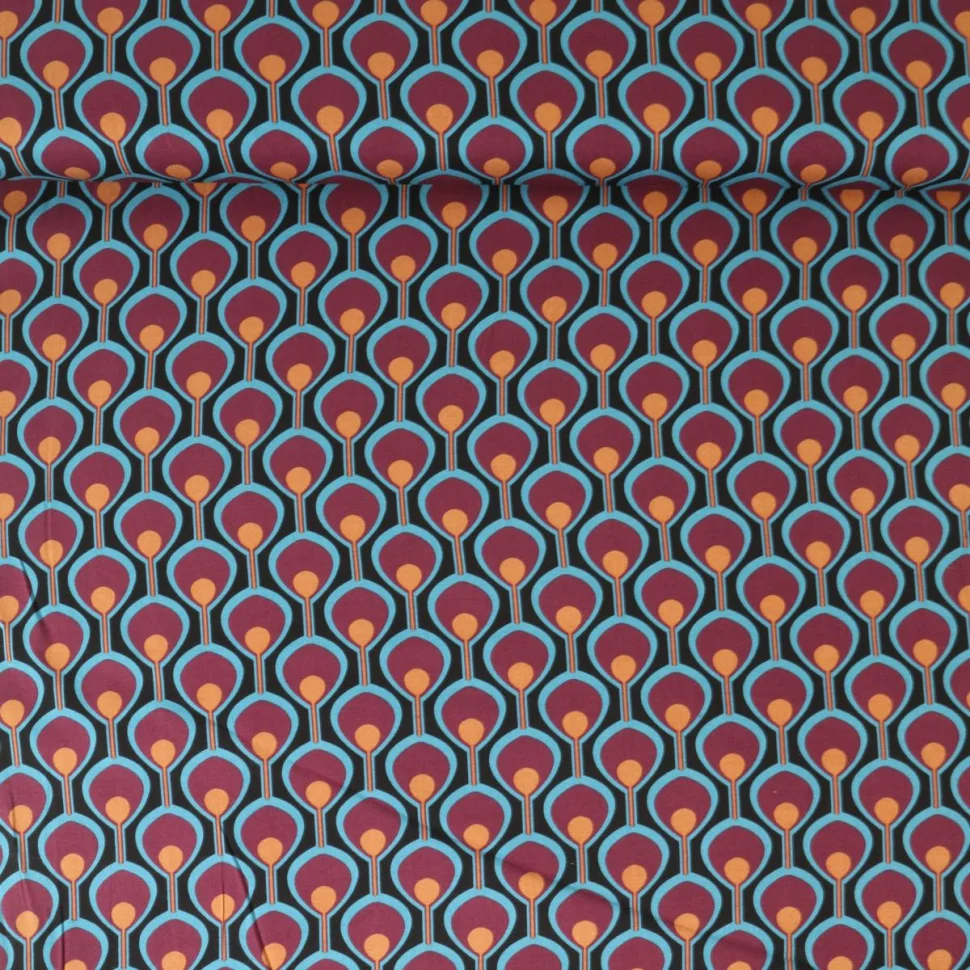 Tissu Viscose extensible Cléa œil de paon Bordeaux sur fond Noir profond