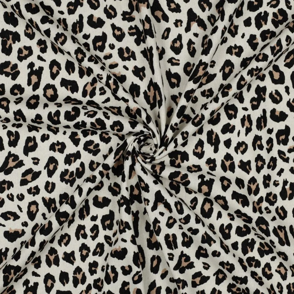 Tissu Viscose Lin imprimé Léopard Noir & Camel sur fond Ecru