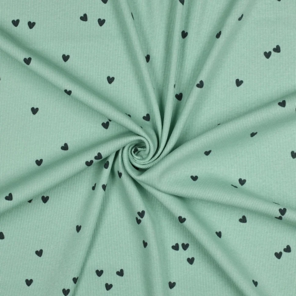 Tissu Jersey Coton côtelé petits coeurs Bleu marine sur fond Vert menthe
