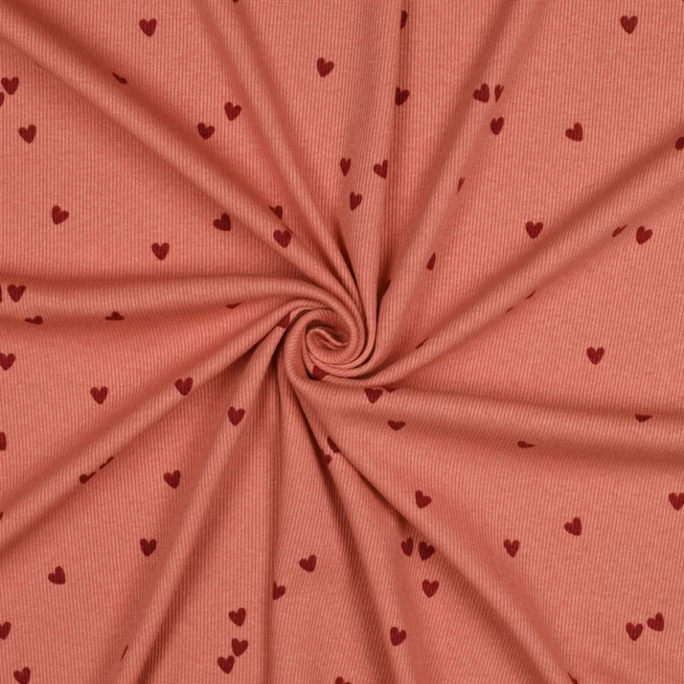 Tissu Jersey Coton côtelé petits coeurs Bordeaux sur fond Terracotta