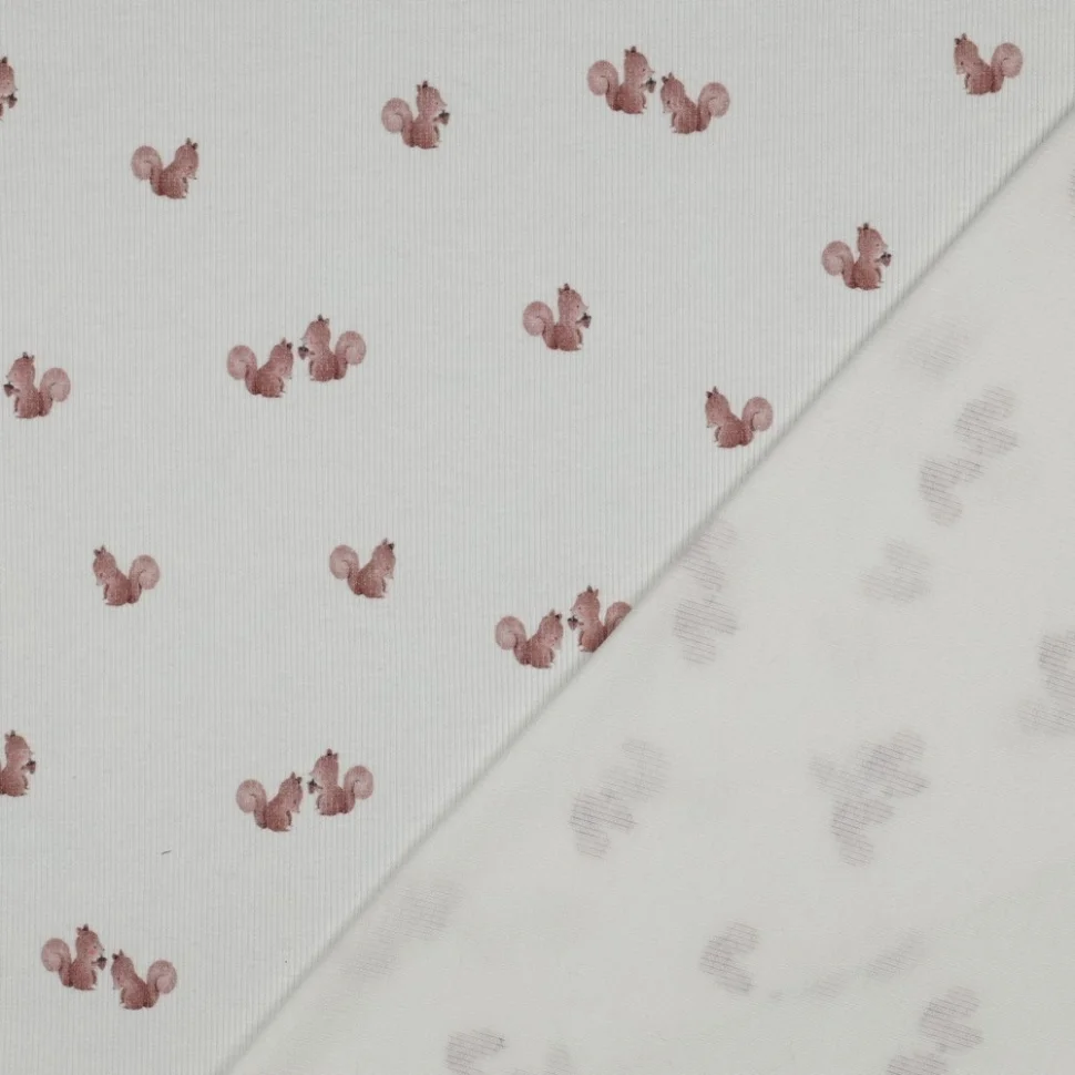 Tissu Jersey Coton côtelé digital Écureuil Rose poudré sur fond Ecru