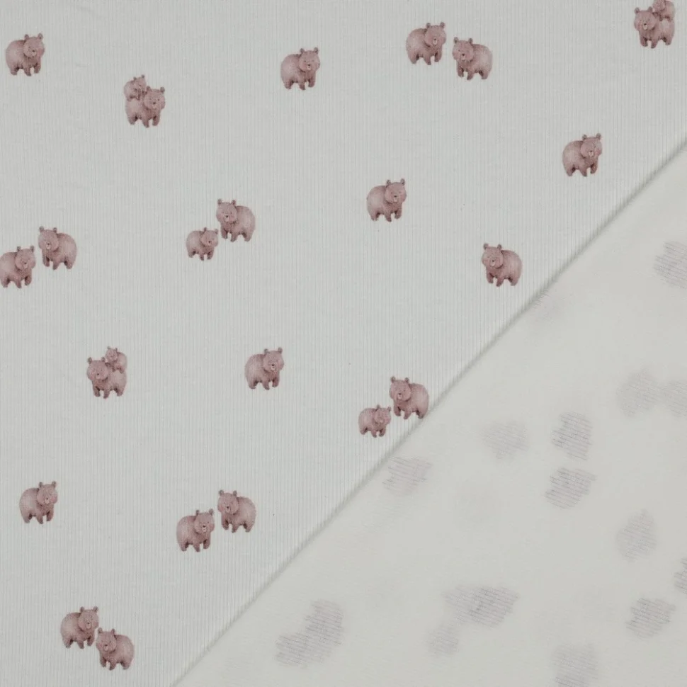 Tissu Jersey Coton côtelé digital Oursons Rose poudré sur fond Ecru