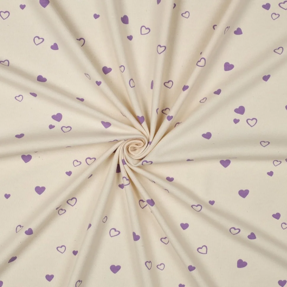 Tissu Jersey Coton imprimé Bio Petits Coeurs Violets sur fond Ecru