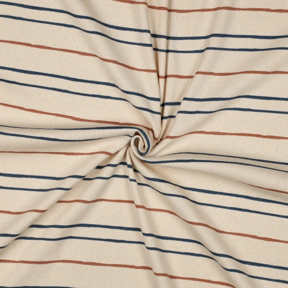 Tissu Jersey Coton côtelé Bio Rayé sur fond Ecru