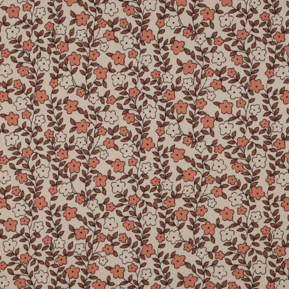 Tissu Jersey Coton côtelé Bio Petites fleurs sur fond Ecru