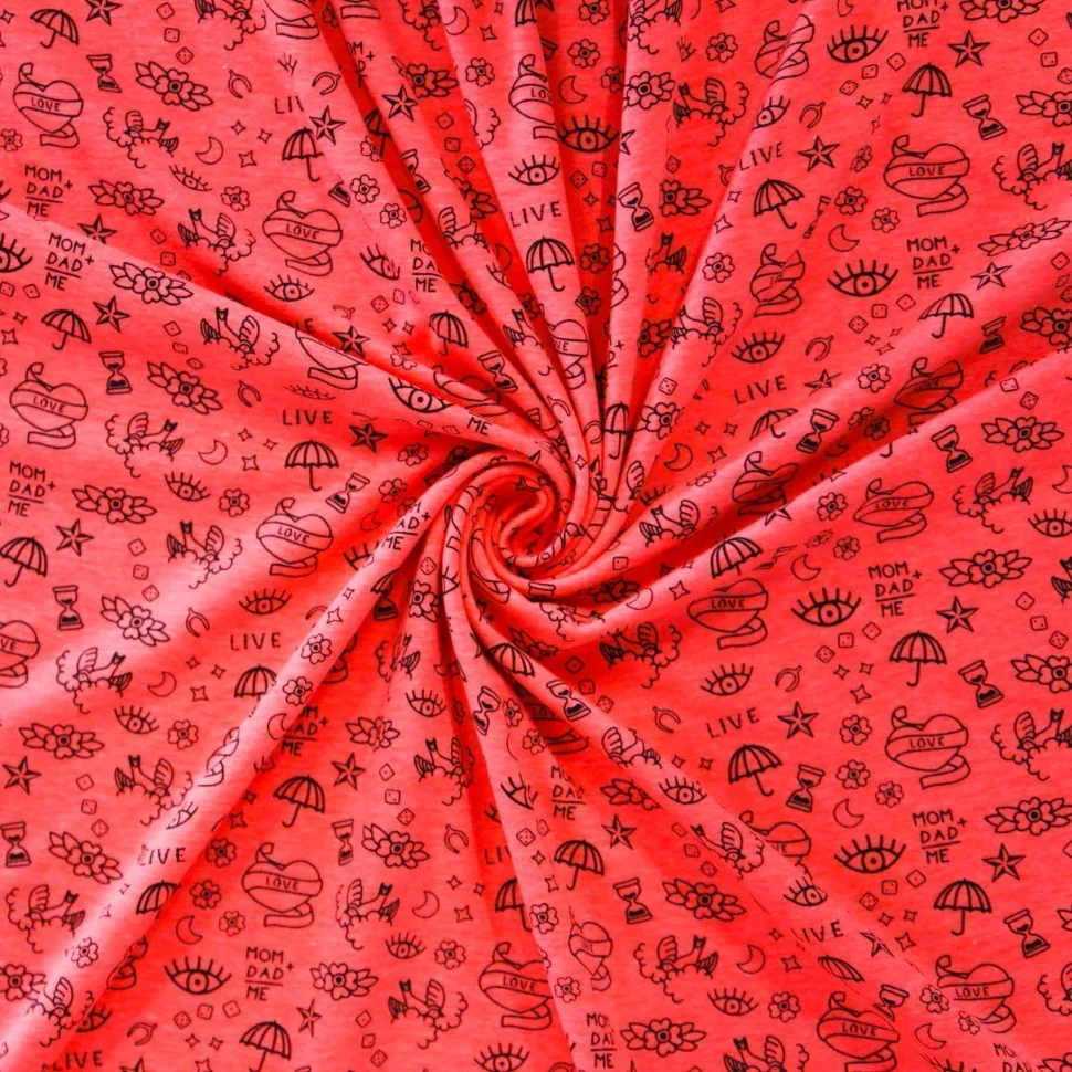 Coupon Tissu Jersey Coton imprimé Symboles Love&Live Noirs sur fond Rose fluo légèrement chiné - Coupon de 40 cm