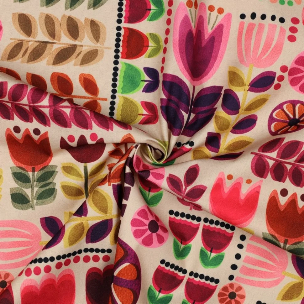 Tissu Nappe imperméable digital Fleurs sur fond Ecru
