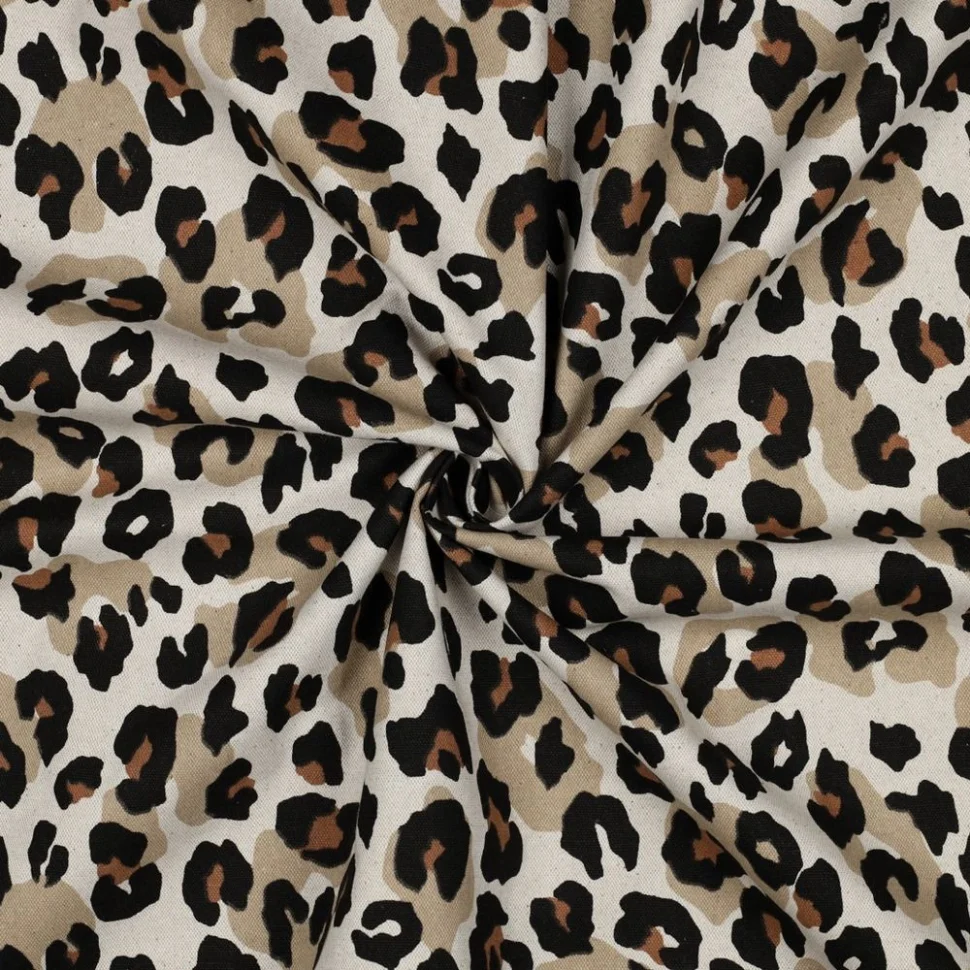 Tissu Toile Coton Canvas aspect Lin Léopard Noir sur fond Naturel