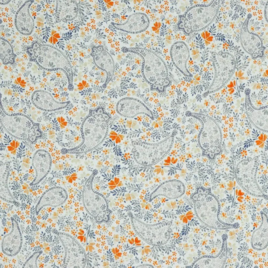 Tissu Popeline de Coton Paisley fleuris bleu sur fond Blanc cassé