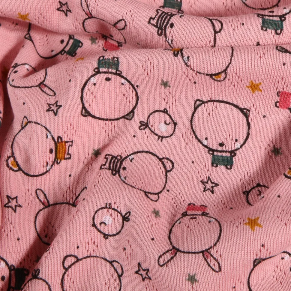 Coupon Tissu Jersey ajouré Petits oursons et lapins sur fond Rose - Coupon de 90 cm