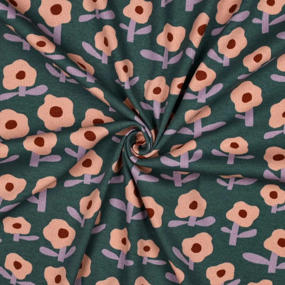 Tissu Jersey cotêlé Bio Jennifer Bouron fleurs Saumon sur fond Vert foncé
