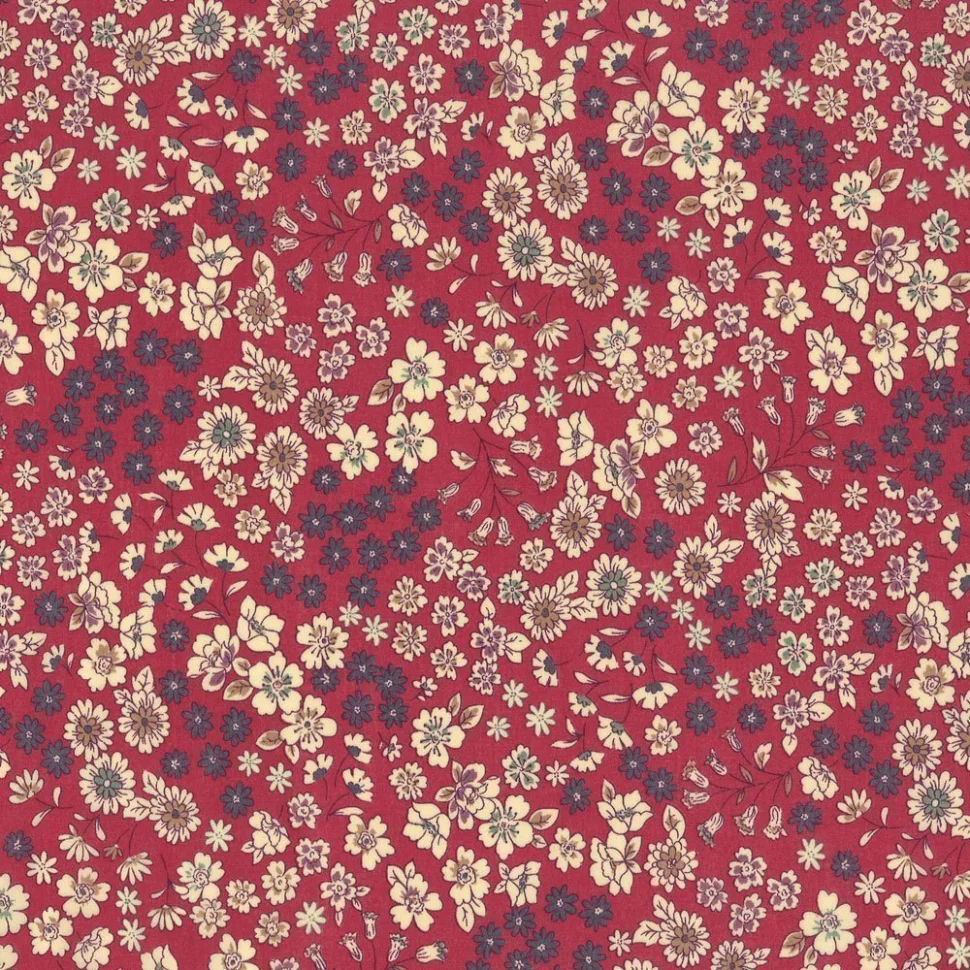 Coupon Tissu Coton Frou-Frou Fleuri N°21 Framboise et ecru - Coupon de 30 cm