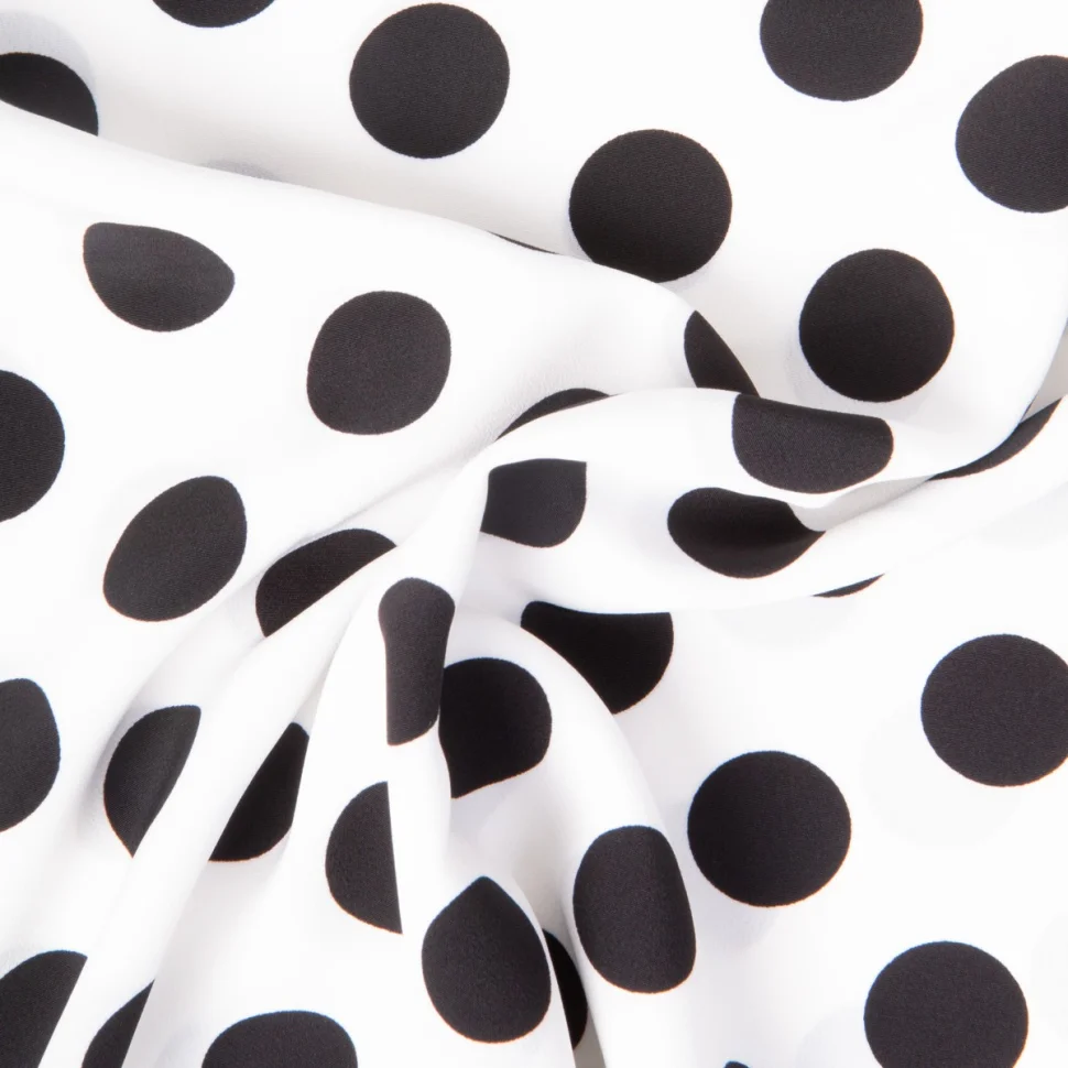 Tissu Crêpe léger Grand pois Noirs sur fond Blanc