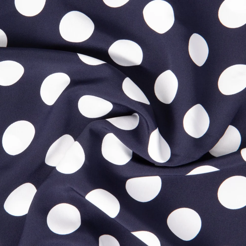 Tissu Crêpe léger Grand pois Blancs sur fond Bleu marine